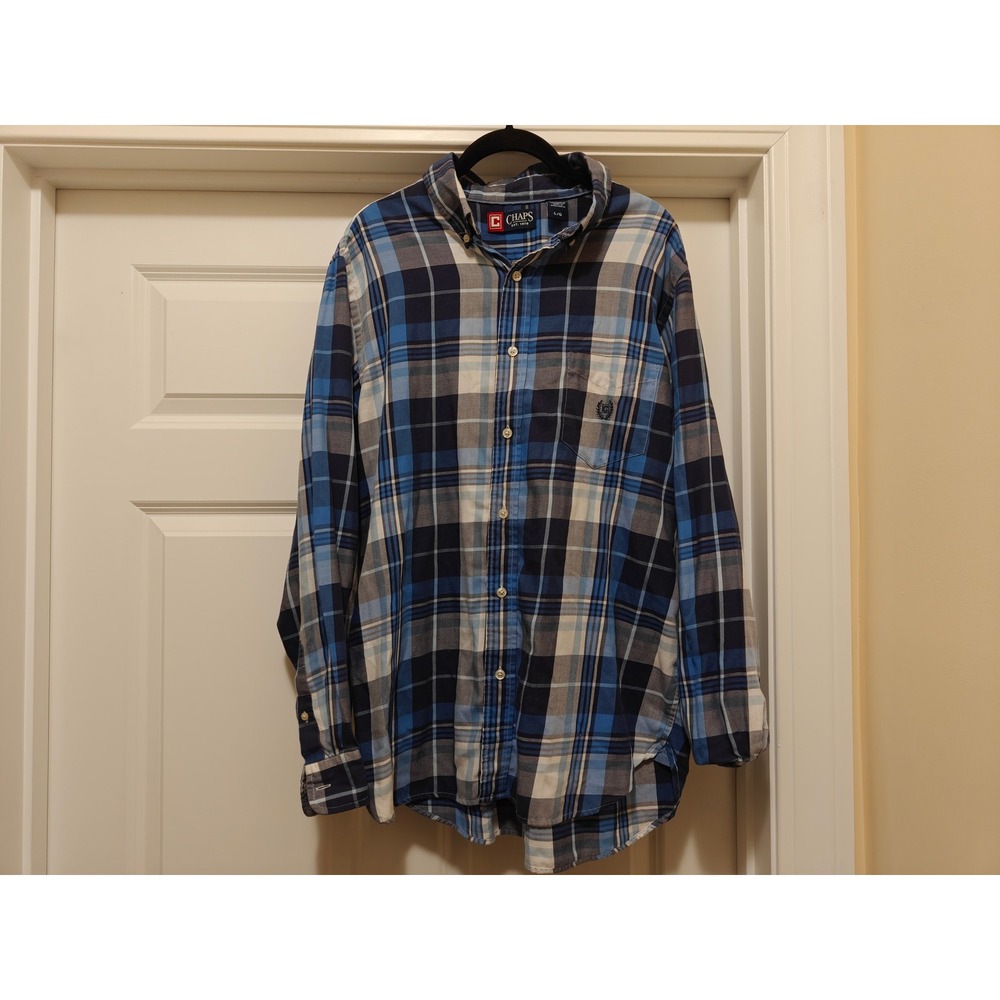 Chaps Mens Long Sleeve Plaid Button Down Shirt Blue Navy White Large L/G A0353